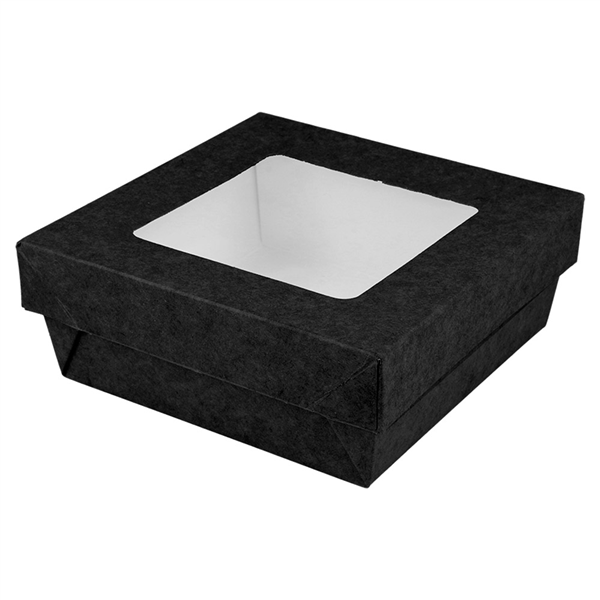 PETITES BOÎTES+COUVERCLES AVEC FÊNETRE "THEPACK" 500 ML 230 G/M2 + 12PP + OPP 12x12x5 CM NOIR CARTON ONDULÉ NANO-MICRO (250 UNITÉ) - Garcia de Pou