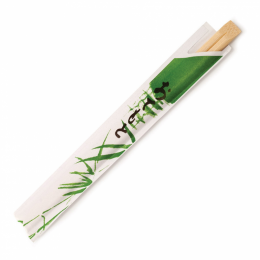 Une baguette chinoise en bambou de 20 cm de long vendu par 100 baguettes,  enveloppée individuellement par paire en sachet papier biodégradable